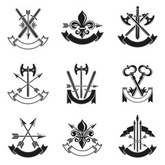 Vintage Weapon Emblems set. Heraldic signs vector vintage elements collection.