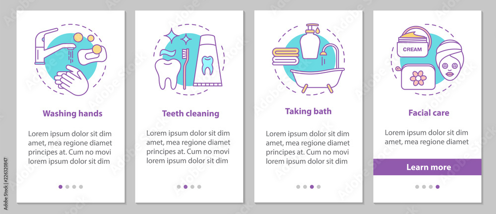 Wall mural hygiene onboarding mobile app page screen with linear concepts