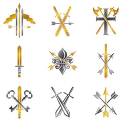 Vintage Weapon Emblems set. Heraldic signs vector vintage elements collection.