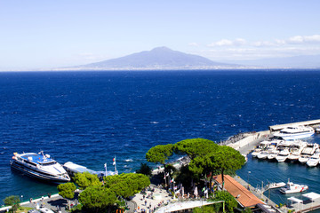 Panoramic view of the sea,port and volcano  on the sunny day.Sorrento.Italy.