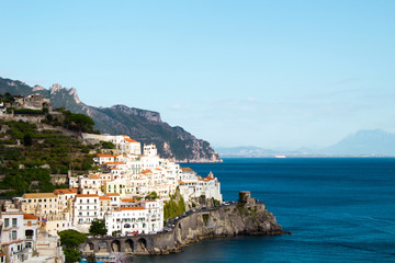 Fototapeta na wymiar Panoramic view of the city and sea on the sunny day.Amalfi.Italy.