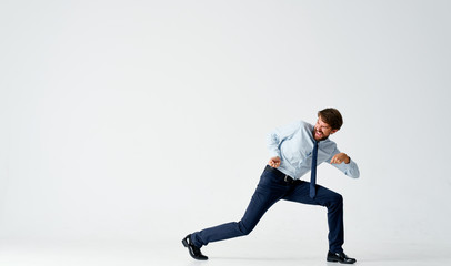 the man spread his legs wide and gesticulating