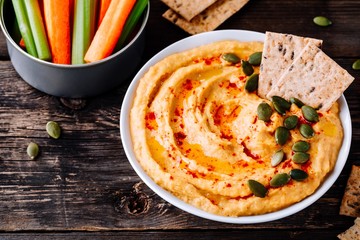 Homemade Savory Pumpkin Hummus . Thanksgiving Appetizer dip