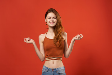 happy woman short shirt emotion