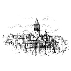 Fototapeta premium Golden Horn, Istanbul, Turkey.Sketch Galata Tower and Karakoy quarter the street in the Old Town of Istanbul.Vector sketchy illustration for print, card, poster design.