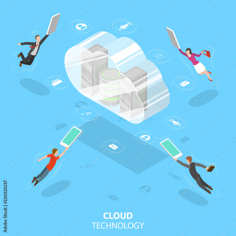 Poster isometric flat vector concept of cloud computing technology, data storage and hostiung, big data.