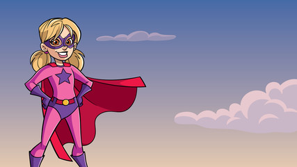 Illustration of a super heroine girl smiling happy while wearing a red cape against sky background for copy space.
