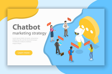Flat isometric vector concept of chatbot markting strategy, ai, artificial intelligence, customer support.
