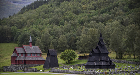 Fototapeta na wymiar The Borgund Stave Church, Norway on a cloudy day.