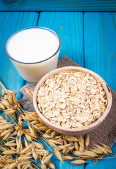 Oat and oat milk. Healthy breakfast, healthy eating concept.
