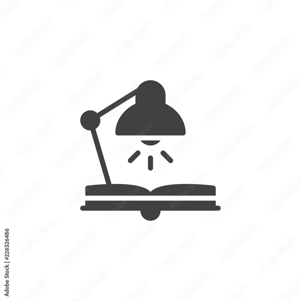 Poster desk lamp and open book vector icon. filled flat sign for mobile concept and web design. book and re
