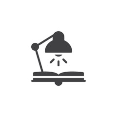Desk lamp and open book vector icon. filled flat sign for mobile concept and web design. Book and reading lamp simple solid icon. Symbol, logo illustration. Pixel perfect vector graphics