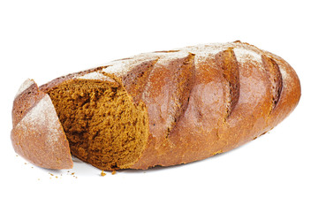 Sliced loaf of rye bread with butter, isolated on white