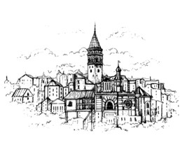 Obraz premium Golden Horn, Istanbul, Turkey.Sketch Galata Tower and Karakoy quarter the street in the Old Town of Istanbul.Vector sketchy illustration for print, card, poster design.
