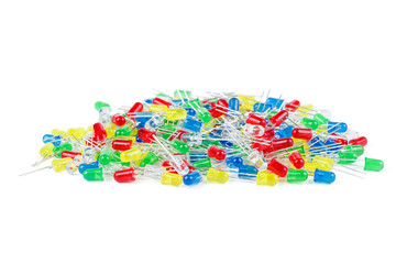 Pile of new red,yellow,green,blue and crystal clear 5mm LED's isolated on white background