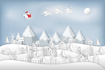 Santa Claus on Sleigh and Reindeers in the snow village in the winter background as holiday and x'mas day concept. vector illustration.