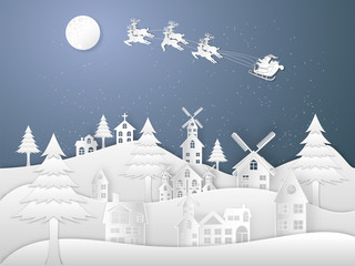 Santa Claus on Sleigh and Reindeers in the snow village in the winter background as holiday and x'mas day concept. vector illustration.