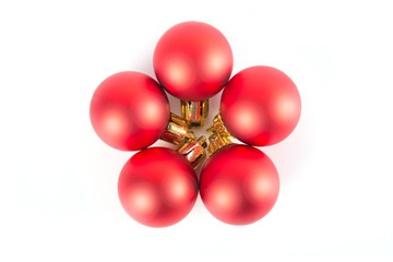 Five red christmas decoration balls on a white background