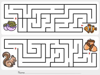 Maze game: Help clownfish find the way to sea anemone and help squirrel  find the way to nuts