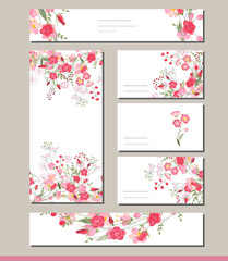 Floral spring templates with cute bunches of red roses.For romantic and easter design, announcements, greeting cards, posters, advertisement.