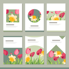 Set with six floral romantic templates. Tulips, daffodils and herbs