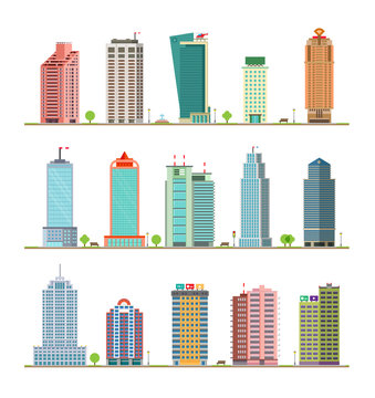 Modern City Buildings and Houses. Flat Vector Icons Set.