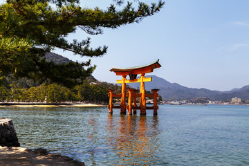 Floating gate of Itsukushima Shrine in Miyajima, Hiroshima, Japan. Travel Asia, Japan..