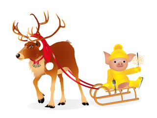 Deer in a funny Santa's red cap. Pig in sweater on skates. 2019 Chinese New Year of the Pig. Isolated on a white background. Vector illustration.
