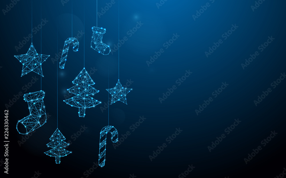 Poster christmas ornaments hanging form lines, triangles and particle style design. illustration vector