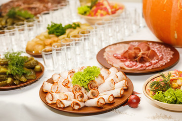 Beautifully decorated catering banquet table with different food