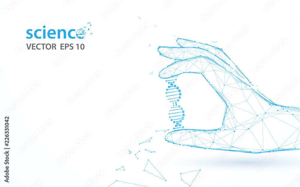 Poster hand holding dna structure form lines, triangles and particle style design. illustration vector