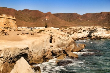 Fototapeta premium Los Escullos beach with fossilized dunes in Cabo de Gata, Almeria