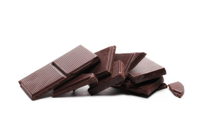 dark chocolate bars isolated on white background, 85 percent of cocoa