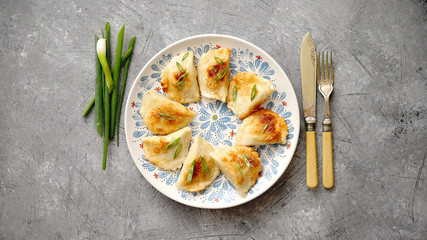 Fried dumplings with meat filling sprinkled with fresh chive on a blue colorful plate. Top view on gray stone background - obrazy, fototapety, plakaty