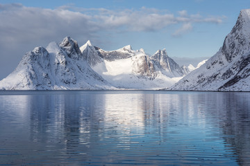 Snow covered mountains in winter, Hamnoy, Reine, Lofoten Islands, Norway