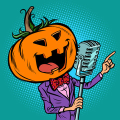 Halloween pumpkin character singer. Holiday party