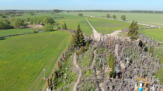 The orbit view of Hill of Crosses a unique monument of history, a famous site of pilgrimage in northern Lithuania, Siauliai.
