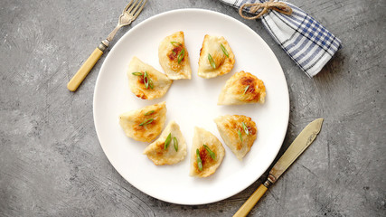 Fried dumplings with meat filling sprinkled with fresh chive on a white plate. Top view on gray stone background
