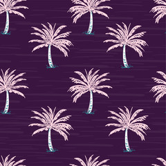 Fototapeta na wymiar Sweet pink palm trees on the dark violet background. Vector seamless pattern.