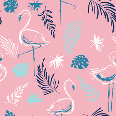 Beautiful hand drawing  tropical motif vector flamingo bird,leaves,tropical leaves,pattern.