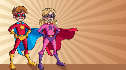 Illustration of a super children smiling happy while wearing capes against ray light background for copy space. © Malchev