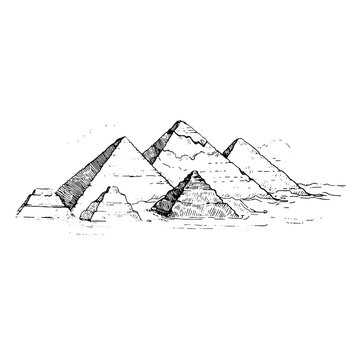 Egypt. Cairo - Giza. General view of pyramids from the Giza Plateau (three pyramids known as Queens' Pyramids on front side; next in order from left: the Pyramid of Menkaure, Khafre and Chufu.Sketch