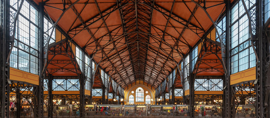 Panoramic view of the roof and interior of Central market hall in Budapest, Hungary