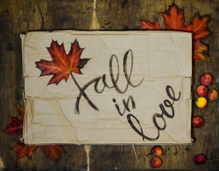 Fall in love postcard. Phrase for Valentine's day.   Autumn background with yellow-red maple leaf and paradise apples. love letter