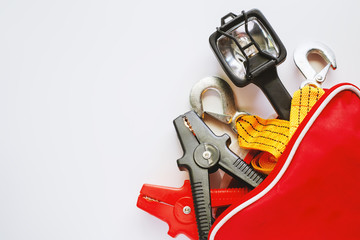 Car emergency kit on white background for vehicle and transportation concept