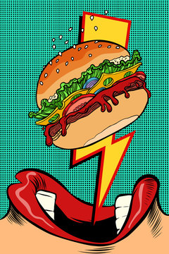 Naklejki Woman eating Burger. Pop art style. Female mouth
