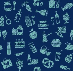 Food, seamless pattern, grocery store, pencil shading, color, blue, vector. Food and drinks, production and sale. Blue icons on a dark blue field.  