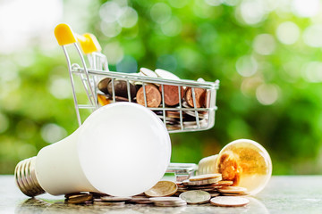 Full of money coin in mini shopping cart or trolley with led lamp and glowing light bulb against...