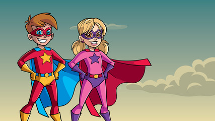 Illustration of superhero children smiling happy while wearing capes against sky background for copy space. © Malchev