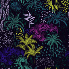 Piękny bezszwowy Ciemny tropikalny lato lasu wzór na czerni z kolorowymi drzewkami palmowymi, egzotycznym dzikim i roślinami wektorowymi - 226335640